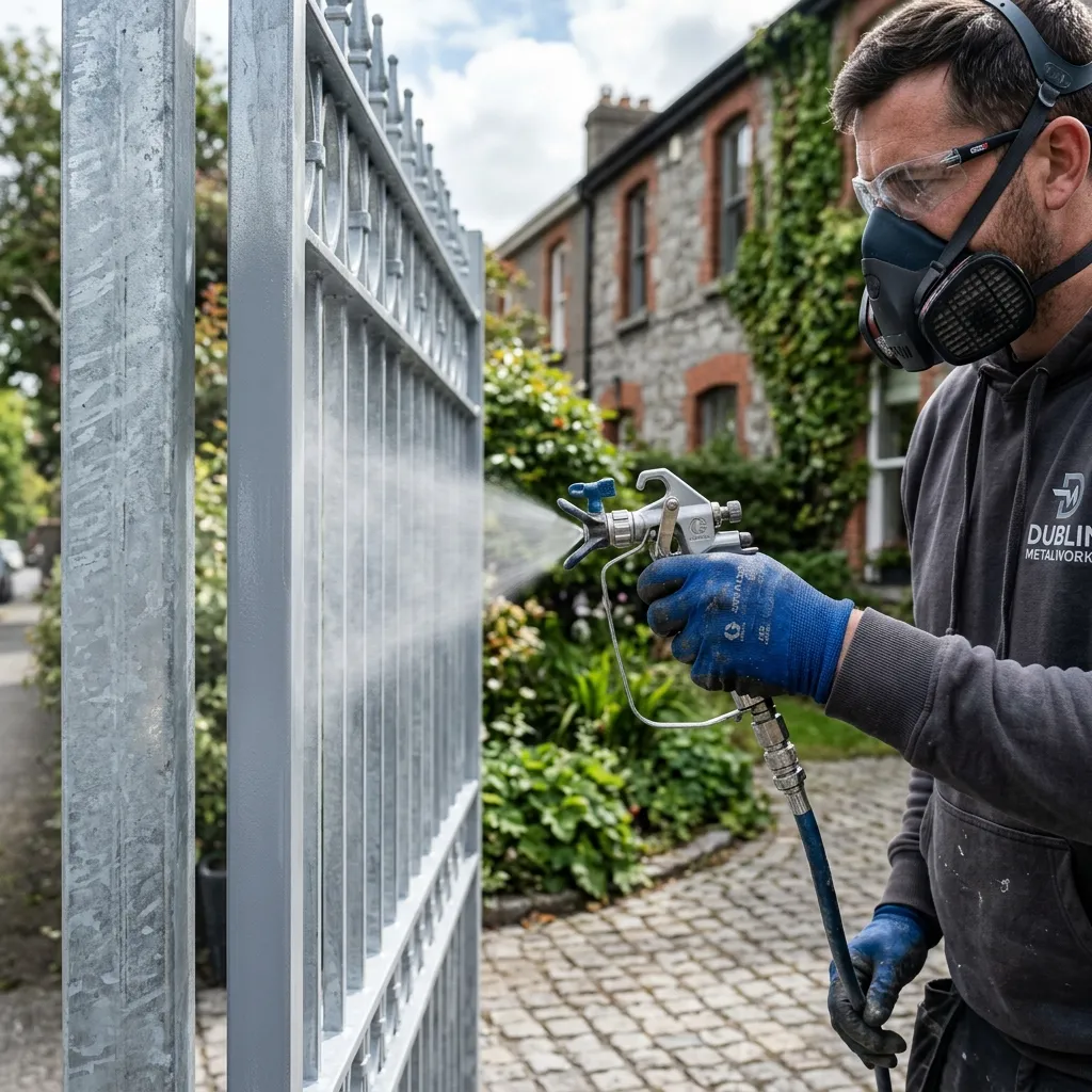 Applying professional primer to galvanized metal in Dublin to prevent rust and peeling